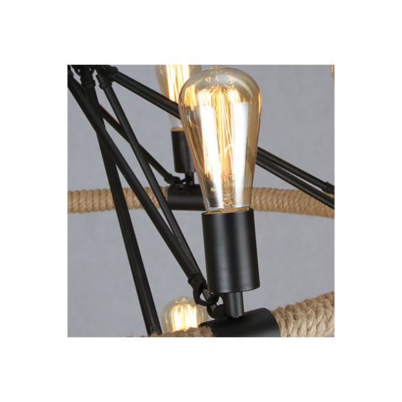 Multi Lights Circle Hemp Rope Chandelier Light Retro Industrial Style Hanging Lighting Fixture for Restaurant Bar
