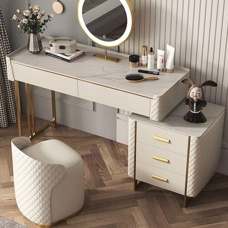 Glam Stone Top Vanity Makeup Table Set Wooden 5-Drawers Dressing Table