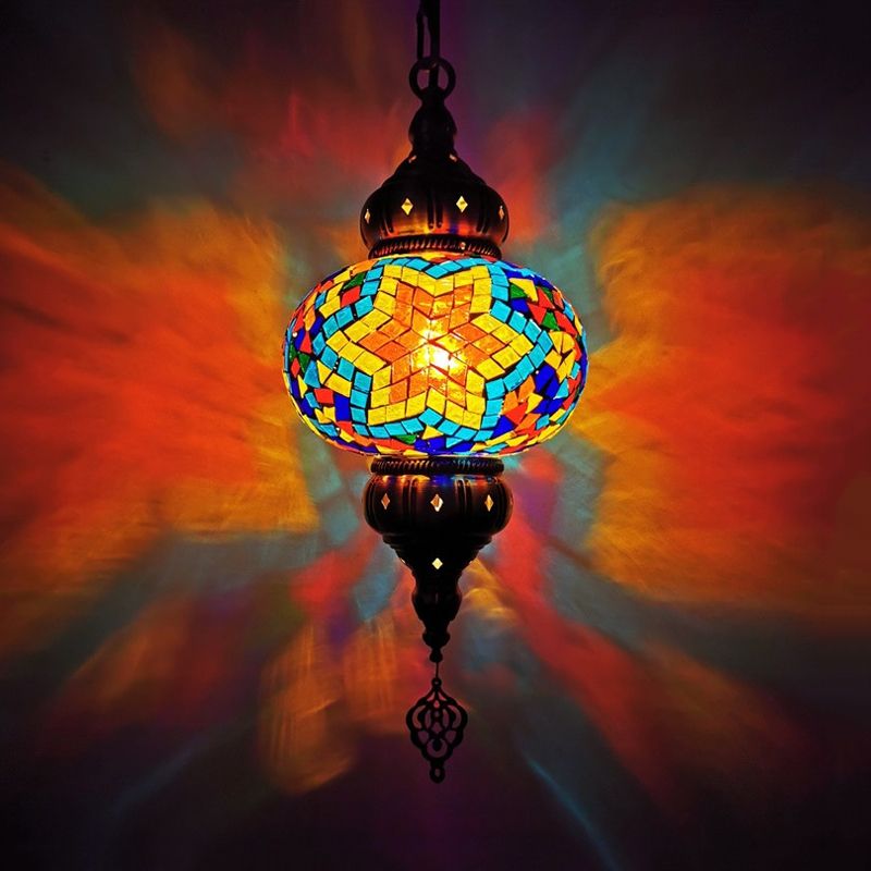 Stained Glass Oval Hanging Light Kit Traditional 1 Head Bedroom Pendant Lighting in White/Red/Orange