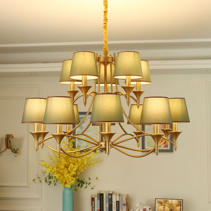 Minimalism Candlestick Chandelier Light Metallic Pendant Light Fixture with Tapered Fabric Shade