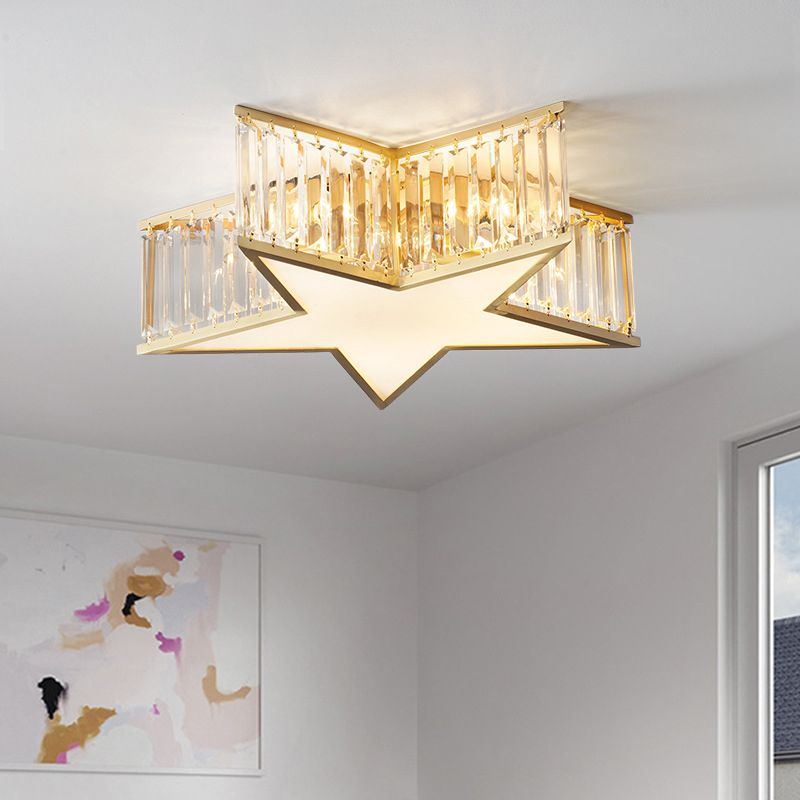 Copper Gold Ceiling Light in Colonical Luxury Style Crystal Star Ceiling Fixture for Bedroom