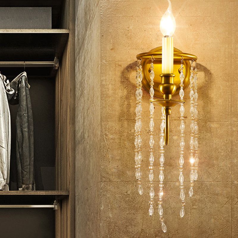 1/2 Lights Corridor Wall Lamp Modern Gold Sconce Light with Metal Candle Design and Crystal Strand Decoration