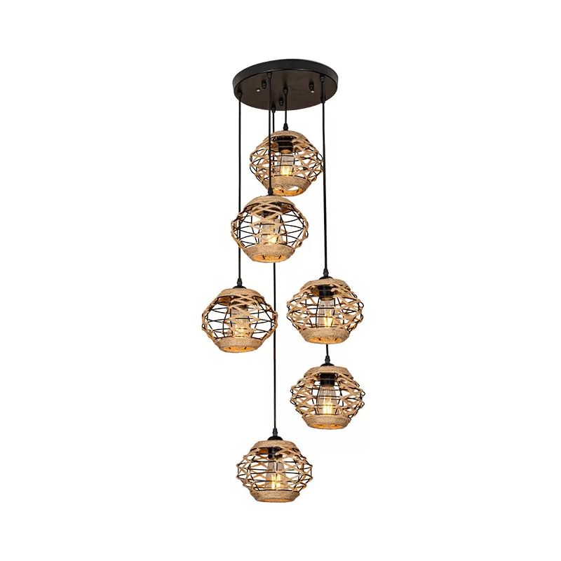 Rustic Elliptical Multi Hanging Light 3/6 Lights Rope Pendant Ceiling Lamp in Brown, Round/Linear Canopy