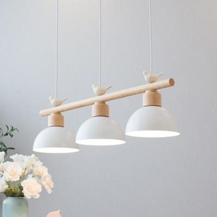 3 Lights Island Pendant Macaron Bowl Metal Pendant with Wood Electric Light Socket