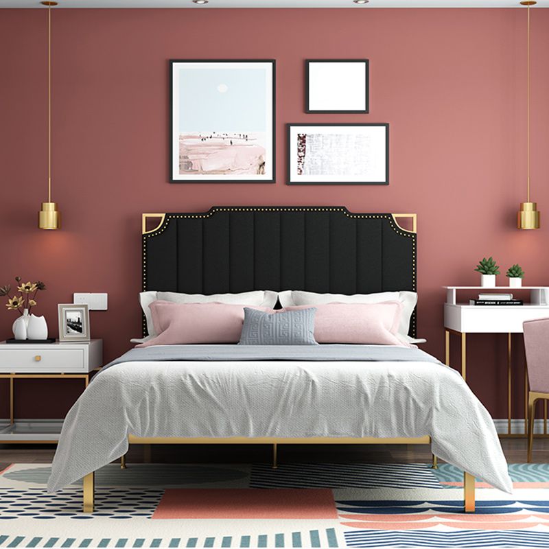 Contemporary Leather Bed Beige Upholstered Bed Frame with Nailhead Trim