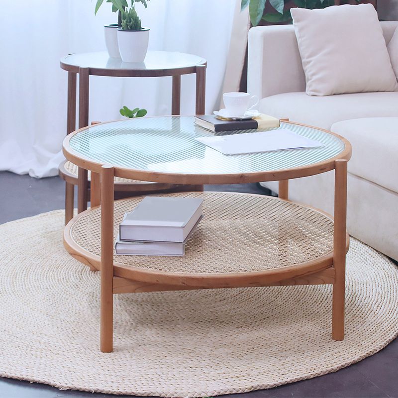 4 Legs Bunching Table with Solid Wood Base Round Coffee Table with Tempered Glass Top