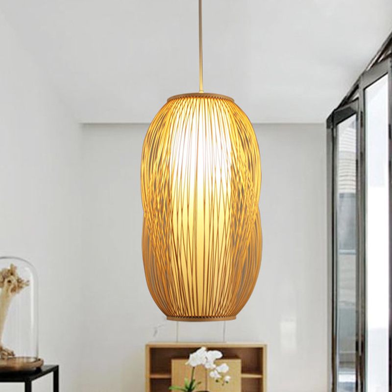 Beige Woven Shade Hanging Pendant Light Modernism 1 Light Bamboo Pendant Lighting for Living Room, 7.5"/9" W