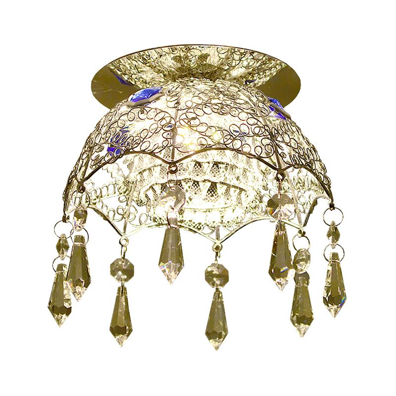 Minimal LED Ceiling Lamp Chrome Scalloped Dome Flush Mount Light with Crystal Shade in Warm/White Light