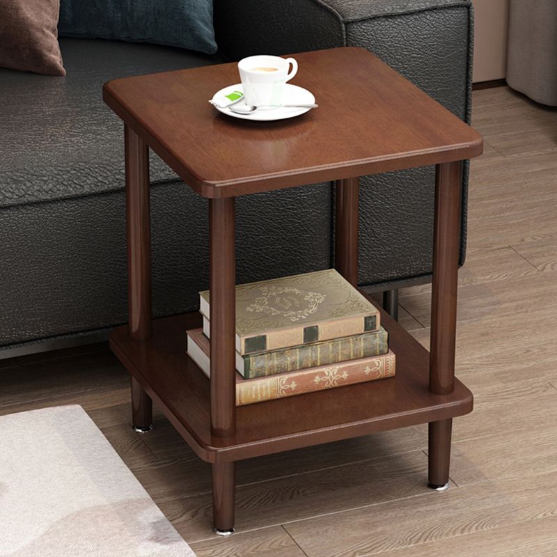 Modern Solid Wood End Slide Table 4 Legs with Shelf Double Tier Side Table