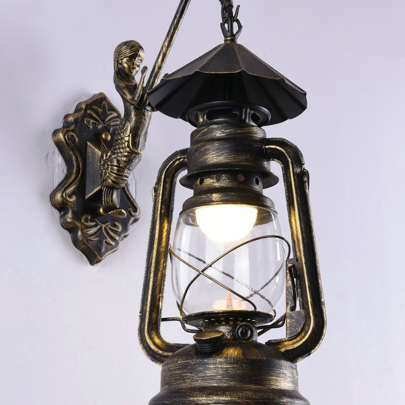Clear Glass Kerosene Wall Light Fixture Nautical 1 Head Restaurant Wall Sconce with Curved Arm