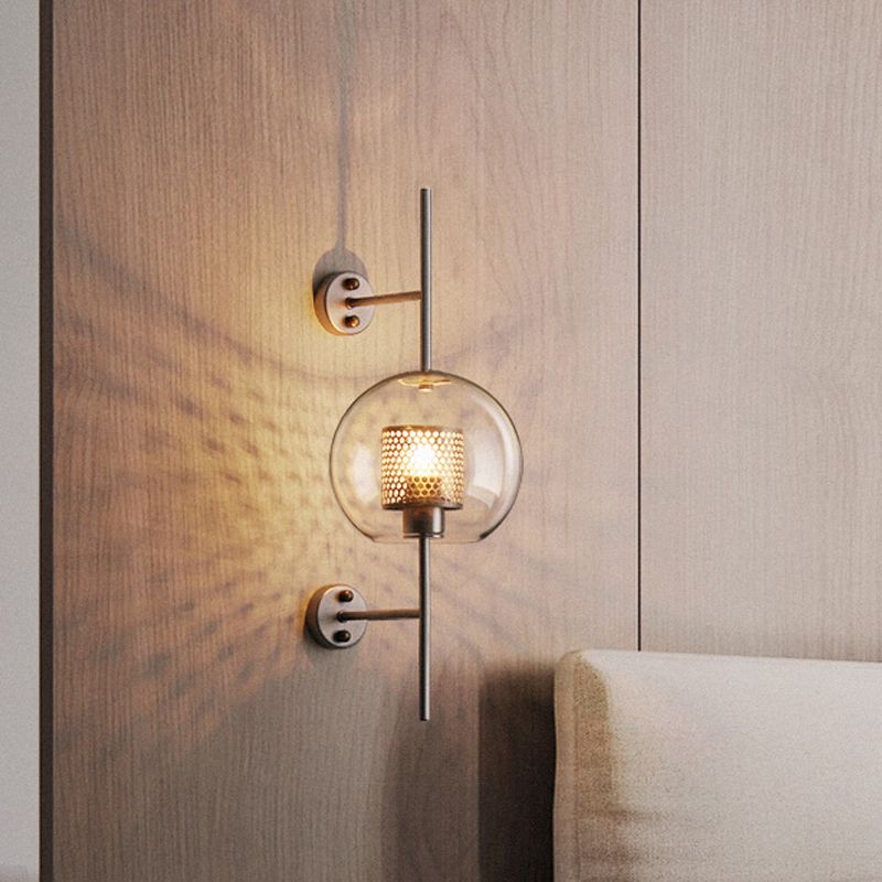 8"/9.5" W Global Bedroom Sconce Light Colonial Clear Glass 1 Light Bronze/Silver Gray Wall Lamp with Inner Cylinder Wire Mesh