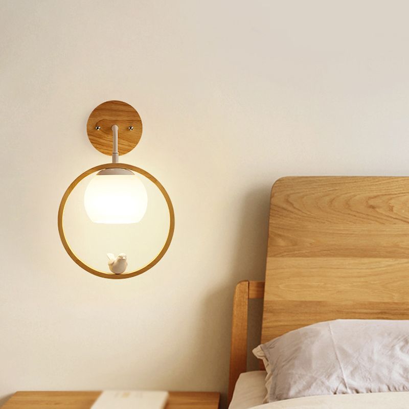 Modern Wood Wall Sconce Circle Shape Wall Light with Glass Shade for Living Room