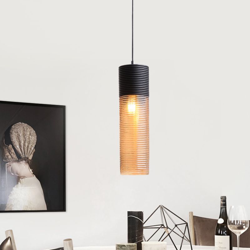 Hotel Dining Table Hanging Light Ridged Glass Single Light Contemporary Pendant Light in Amber
