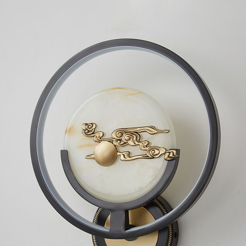 New Chinese Style Jade Wall Light Circle Shape Wall Lamp with Acrylic Shade for Bedroom