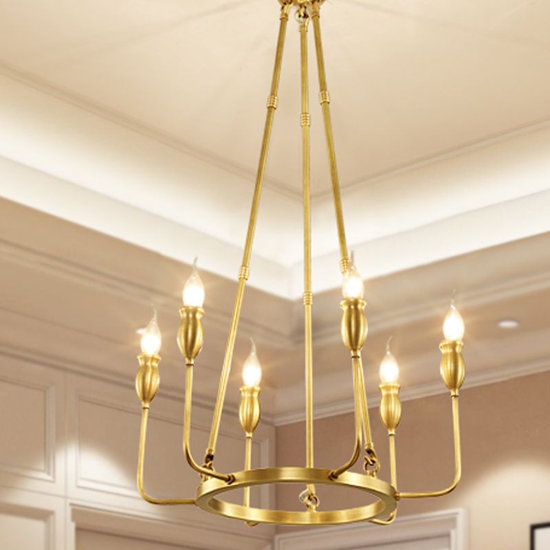 6/8 Bulbs Candle Ceiling Chandelier Colonial Gold Metal Suspension Pendant Light for Dining Room