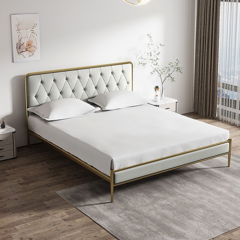 Tufted Upholstered Bed with Headboard Faux Leather Bed with Metal Legs