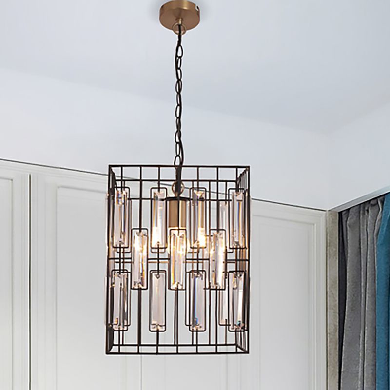 Black Cubic Cage Light Industrial Metal 1 Light Suspension Light con acento de cristal para restaurante