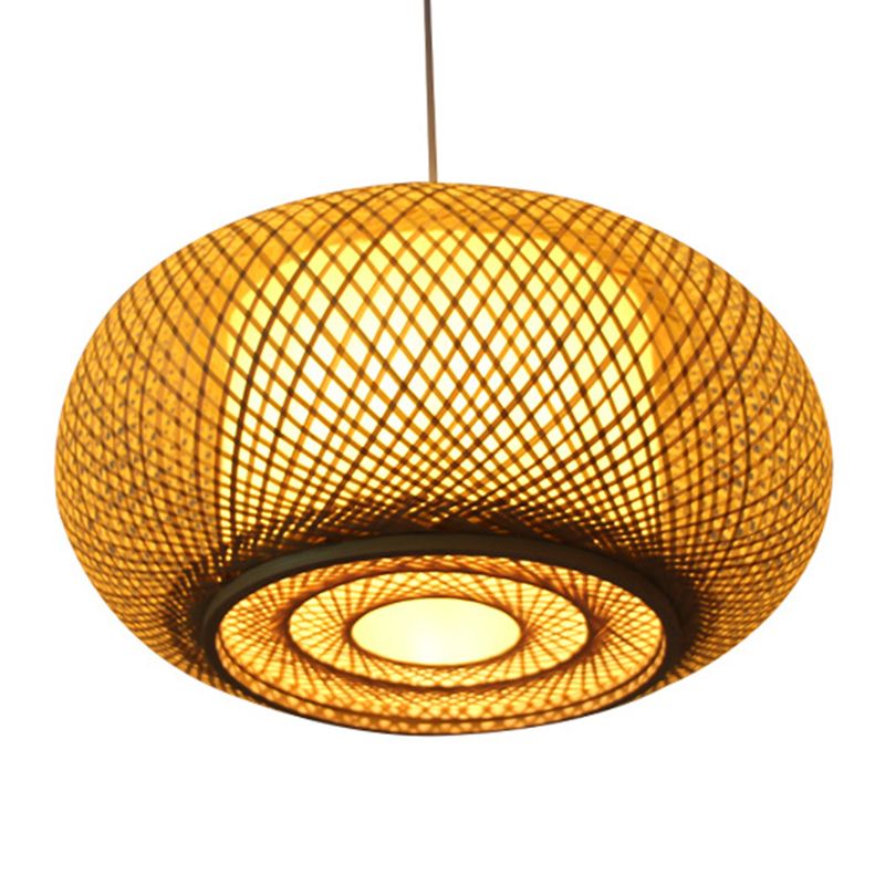 Asian Style Hanging Light 1-Light Hand Weaving Drum Shaped Pendant Lamp for Bedroom