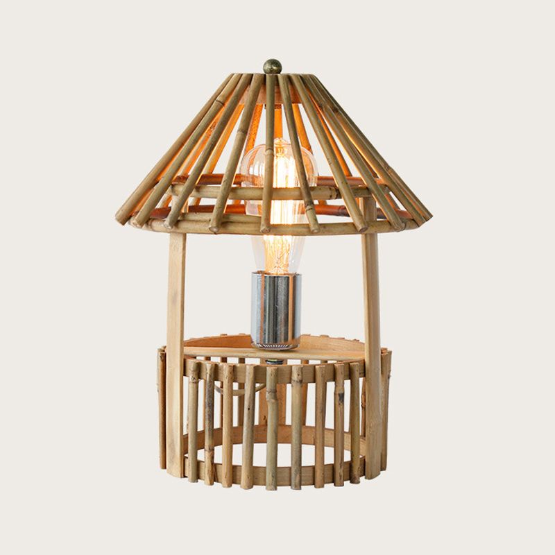 1 cabezal de la sala de estar iluminación lámpara de escritorio beige asiático con sombra de madera artesanal