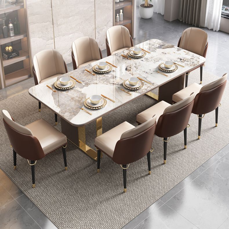 Modern Sintered Stone Table Set of 5/7 with Rectangle Table Dining Set with Gold Double Pedestal