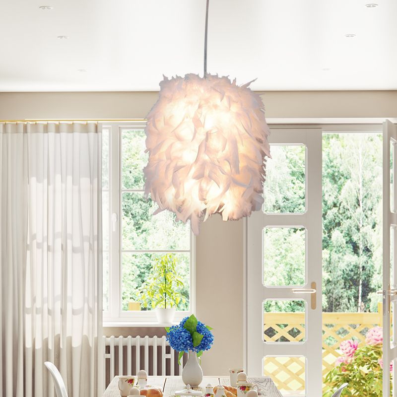 Stofffeder hängende Lichtkit zeitgenössische 1 Kopfweiß -Anhänger Deckenlampe über Esstisch