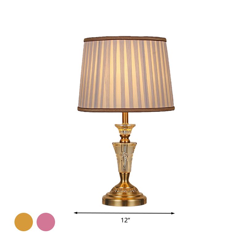 1 Light Night Table Light Countryside Pleated Shade Fabric Nightstand Lamp in Beige/Pink with Crystal Base