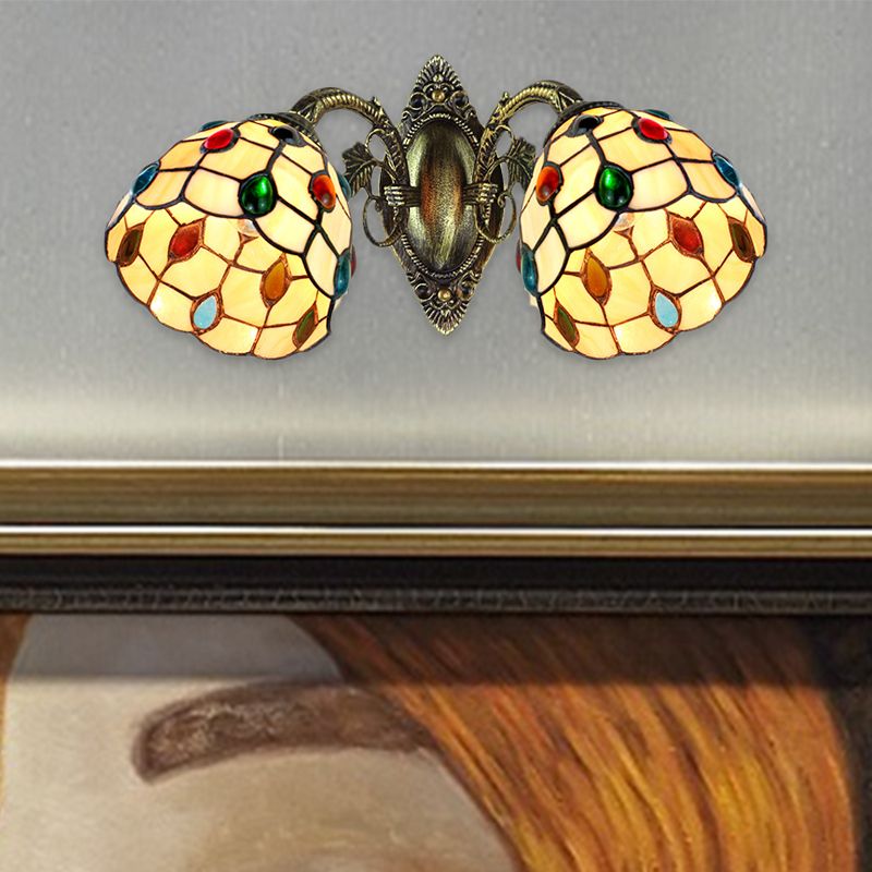 Tiffany Style Domed Wall Lighting Stained Glass 2 Heads Jewel Wall Mount Fixture for Stairway