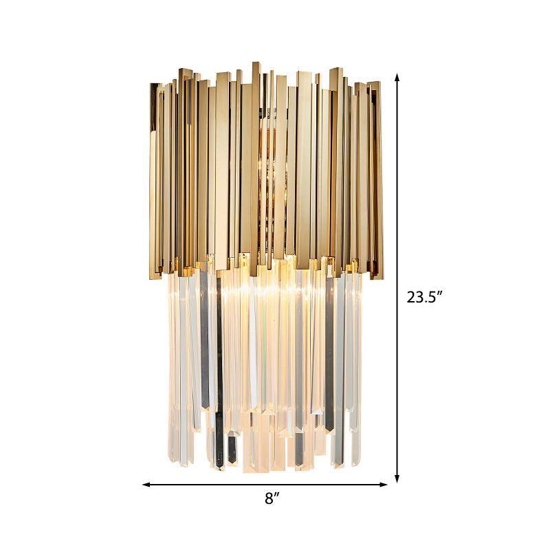 8"/12" W Tiered Sconce Light Modern Style Clear Crystal and Metal 2 Bulbs Golden Wall Mounted Lamp