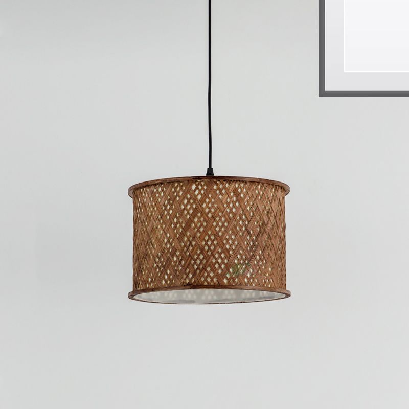 Dark Brown Woven Suspension Pendant Contemporary 1 Bulb Bamboo Hanging Light Kit
