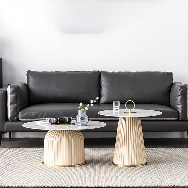 Glam Stone Top Coffee Table Pedestal Round Cocktail Table in White