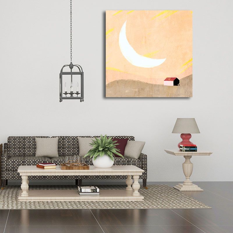Moon Mountain Landscape Painting Childrens Art Textured Wall Decor in Pastel Color
