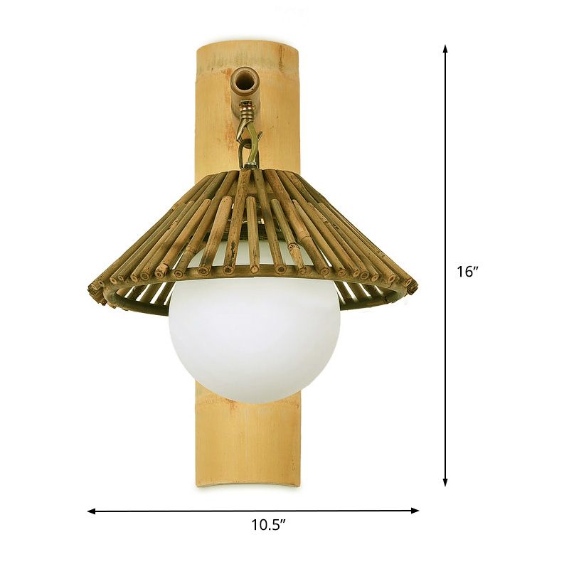 Conical Wall Sconce Lighting Asian Style Bamboo Single Bulb Wood Wall Lamp Fixture with Global White Glass Shade