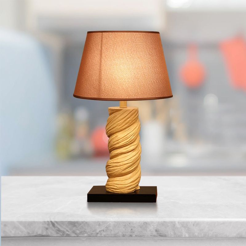 Conic Fabric Night Table Lighting Traditional 1-Light Bedroom Desk Light in White/Brown with Resin Twisted Column