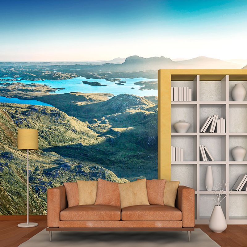 Green Sunshine Scenery Mural Mountain with Puddles Modern Washable Wall Covering