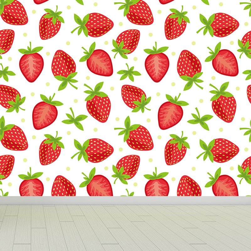 Large Ripe Strawberries Mural Wallpaper Modern Fresh Fruits Wall Covering in Red