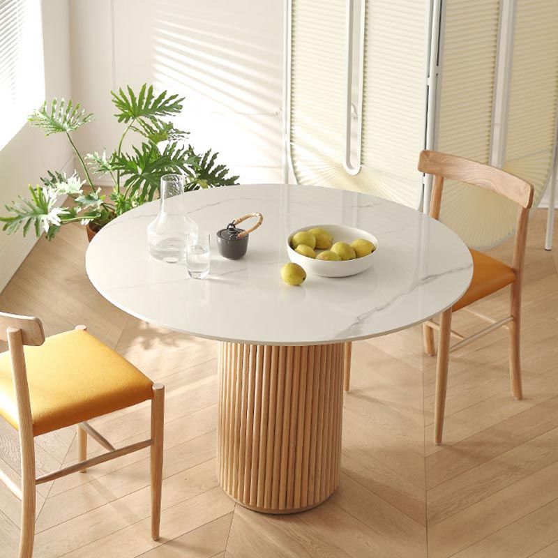 Round Stone Dining Table Solid Wood Pedestal Table in Natural and Black