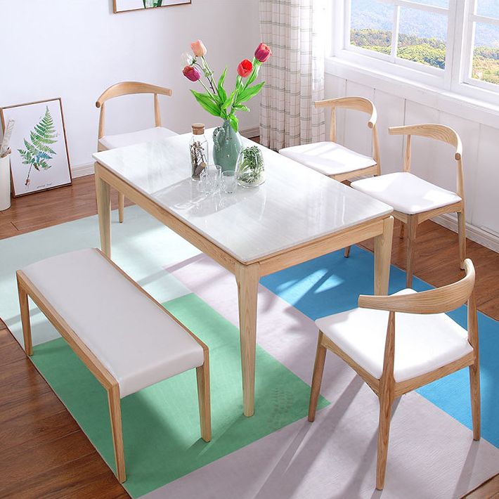 Rectangle Stone Top Table Mid-Century Modern Dining Table with 4 Wood Legs