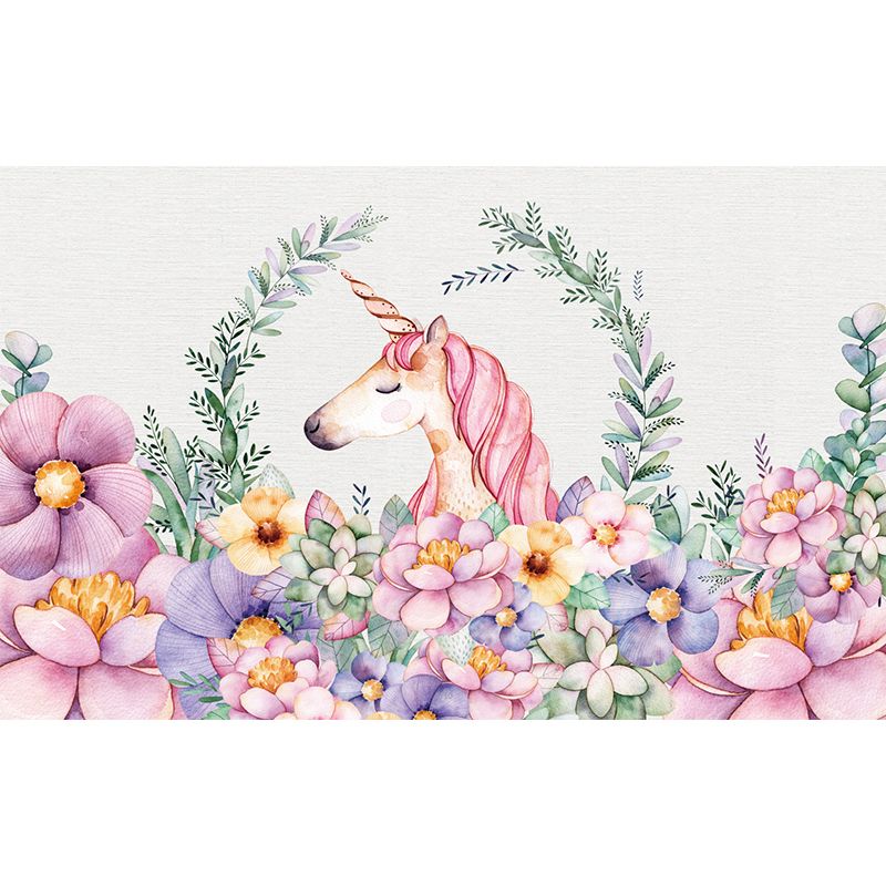 Flower Border Unicorn Head Murals Cartoon Smooth Texture Wall Decor in Pink-Green