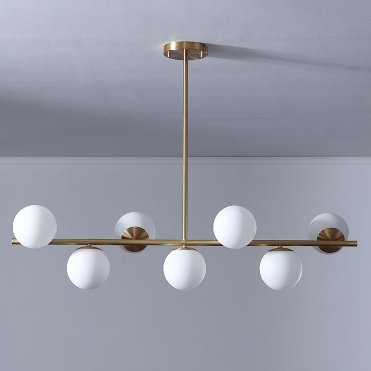 7 Light Modern Gold Metal Island Pendant Lighting Spherical White Glass Island Ceiling Light for Dining Table