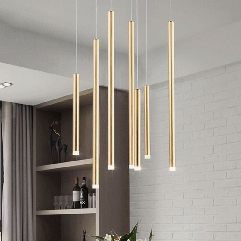 Brown/Gold Slim Pendant Lighting Modern 7 Lights Metal Hanging Light for Dining Room with Adjustable Cord in Warm/White