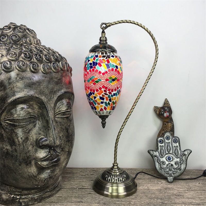 Bohemian Droplet Nightstand Light 1-Bulb Stained Art Glass Night Lamp with Curved Arm in Pink/Red