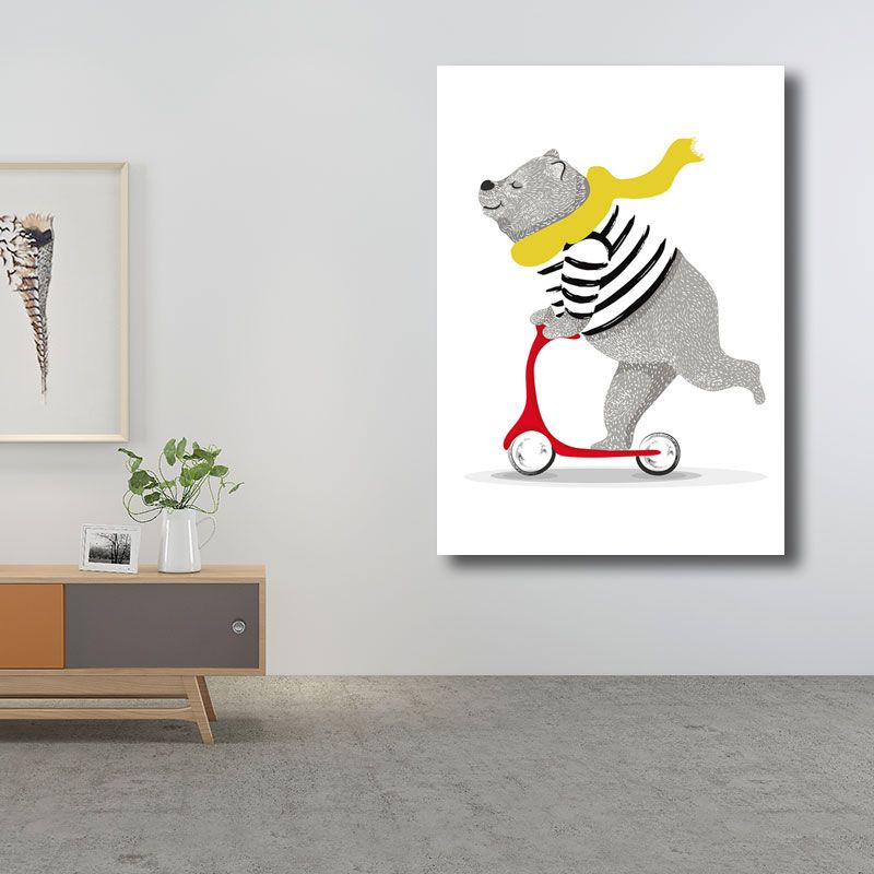 Cartoon Bear on Scooter Art Print Canvas Decorative Grey Wall Decor for Children Room