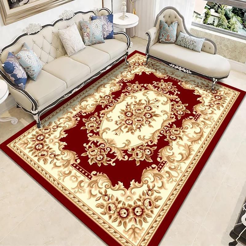 Wine Red Vintage Carpet Polyester Flower Carpet Washable Carpet for Living Room