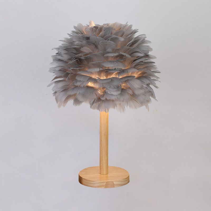 Dome Nightstand Light Nordic Feather Single Bedside Table Lamp in Pink/White/Grey with Wood Pole