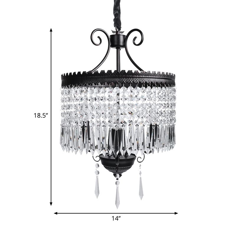 Suspension de brin en cristal clair avec modernisme à tambour modernisme 3 lumières lampe de lustre en noir
