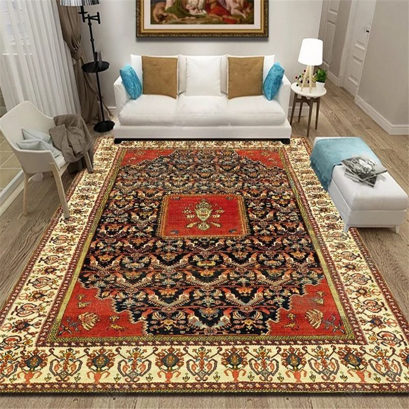 Persian Living Room Rug Multi Colored Geometric Carpet Polyester Pet Friendly Stain Resistant Anti-Slip Backing Rug with Braided Trim