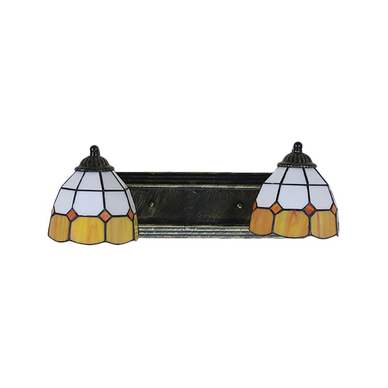 Grid Patterned Sconce Light Baroque Yellow and White Glass 2 Heads Bronze Wall Mounted Light
