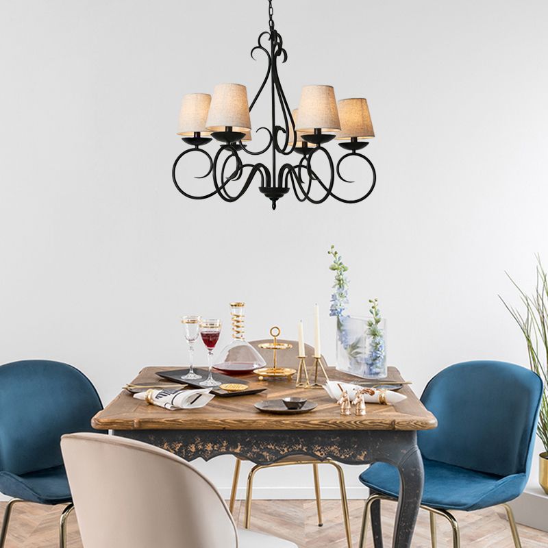 6 Lights Fabric Chandelier Light Traditional Coffee/Flaxen/White Conical Dining Room Hanging Light Fixture