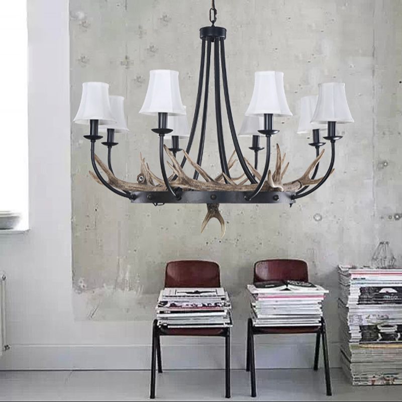 Bend Arm Metallic Hanging Chandelier Countryside 8-Bulb Kitchen Suspension Lamp in Black with Cone White Fabric Shade