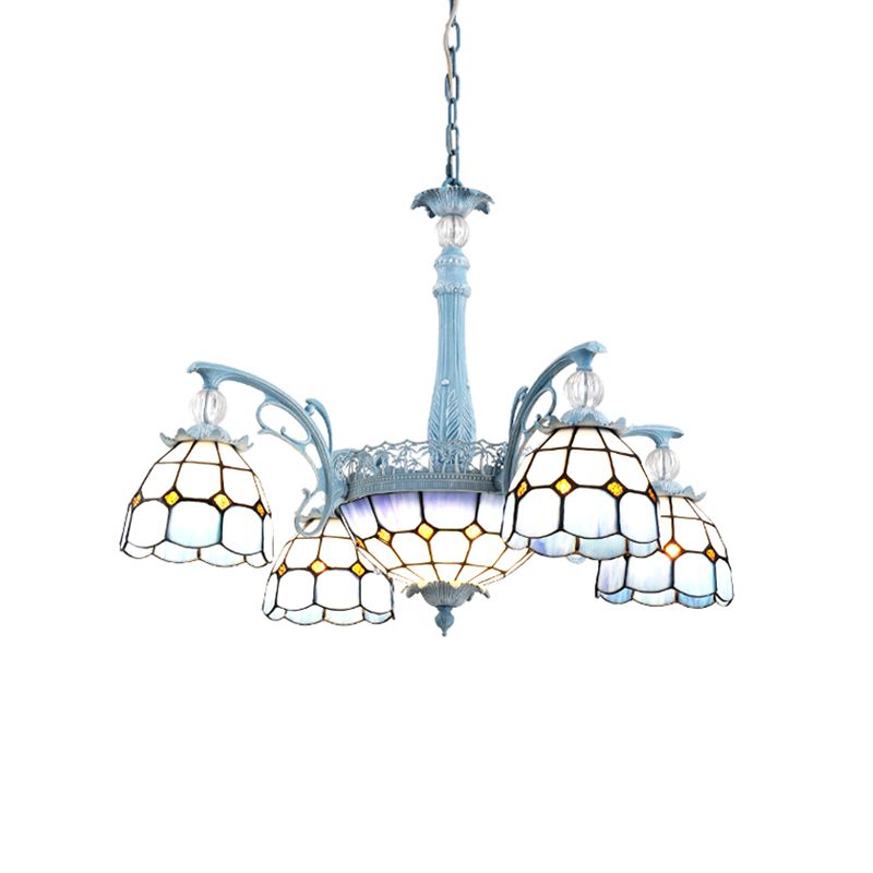 Stained Glass Bell Chandelier Mediterranean 4/6/8 Lights Blue Hanging Lamp for Dining Room